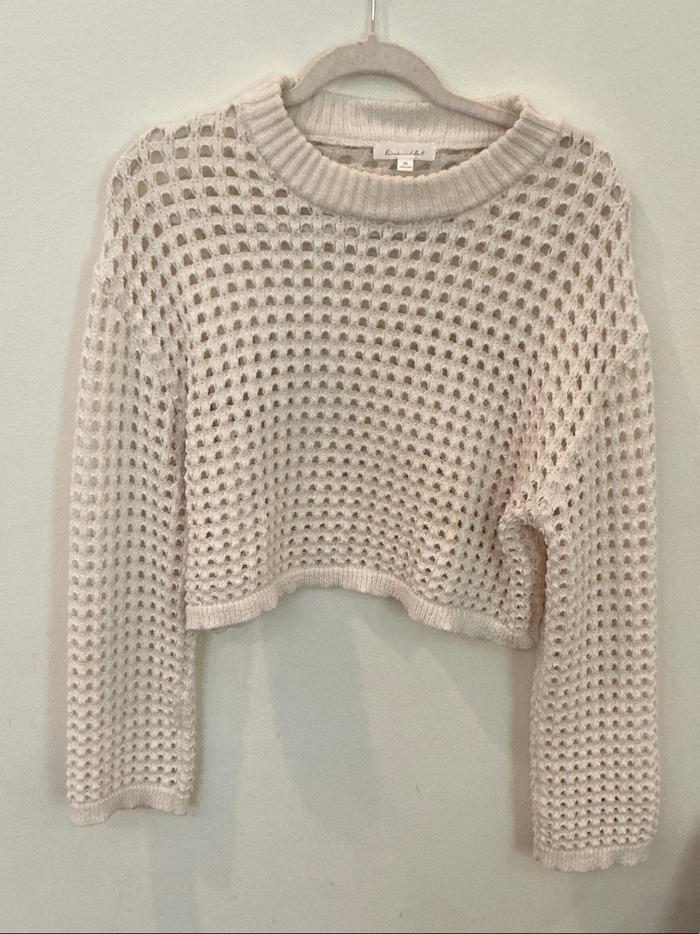 Anthropologie by linen and dot Open-Knit Cropped Crewneck Sweater - Cream